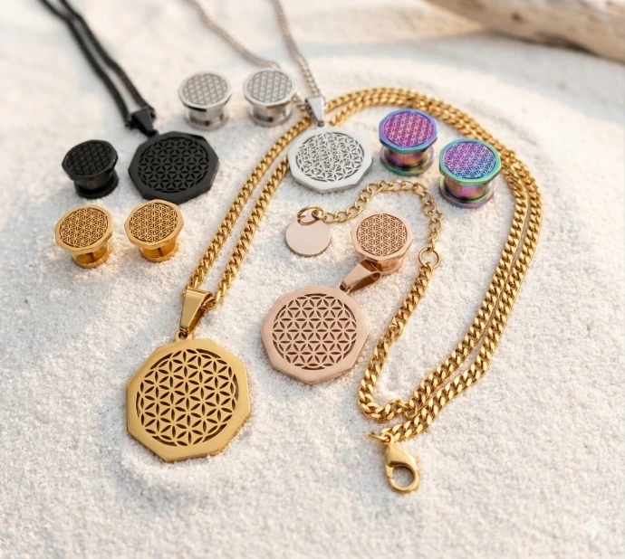 [FG-CHA-003] Pendentif et boucles d’oreilles Fleur de vie octogonaux en inox (Doré)