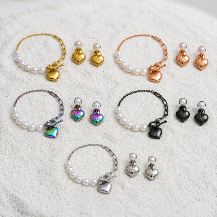 Bracelet et boucles d’oreilles Cœur et Perles (Doré)