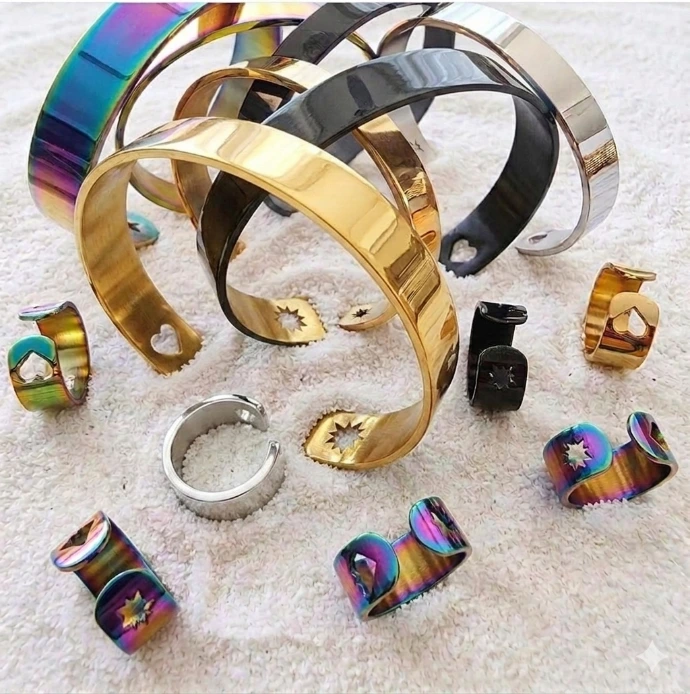 Bracelet et bague jonc Love & Light en inox (Doré, Grand : 13 mm x 18 cm)