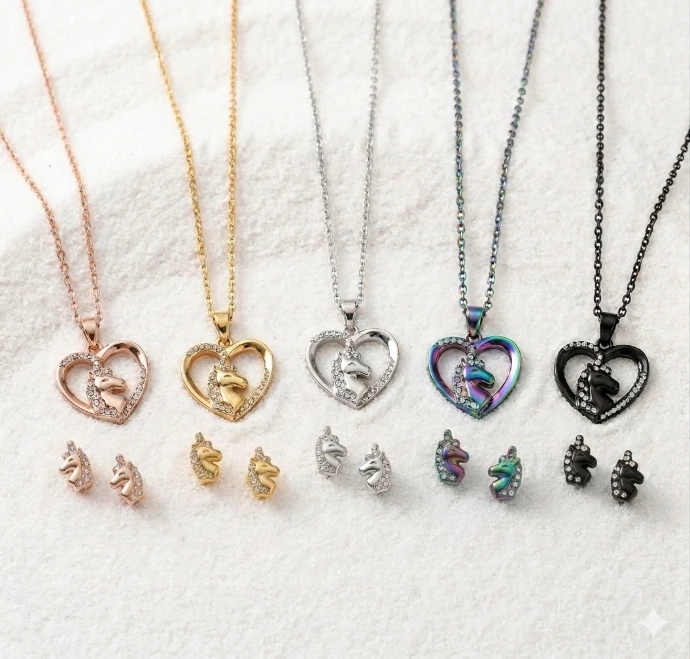Collier et boucles d’oreilles Licorne pour enfant (Doré)