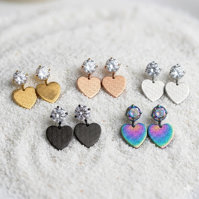 Boucles d’oreilles pendantes Brillant et Cœur (Doré)