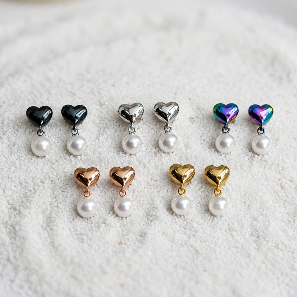 Boucles d’oreilles Cœur et Perle pendante (Doré)