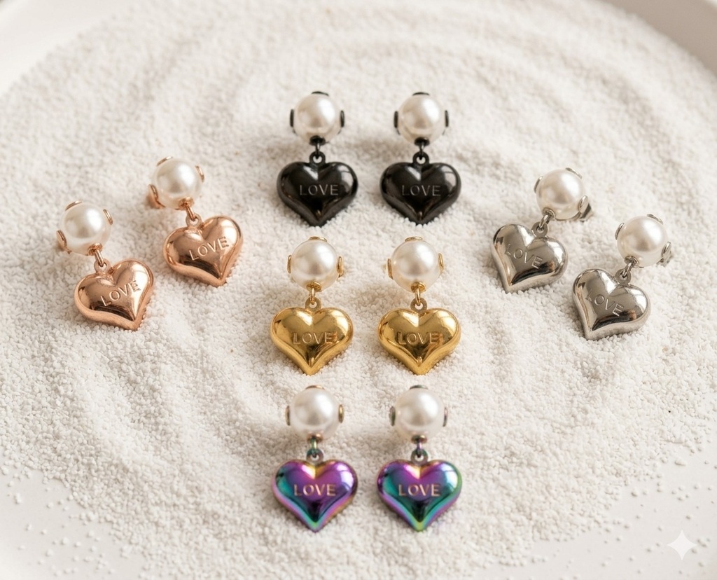 Boucles d’oreilles Perle et Cœur pendant (Doré)