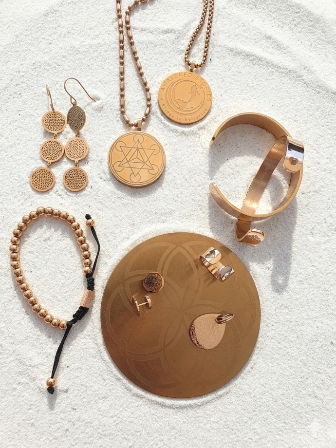 Pack Rose Gold, livraison en 15 jours (Sirène/Fée, Rose Doré, 4.5cm, Fleur de Vie longue pendante, Rose Doré, Bracelet et Bague JONC, Rose Doré, Petit)