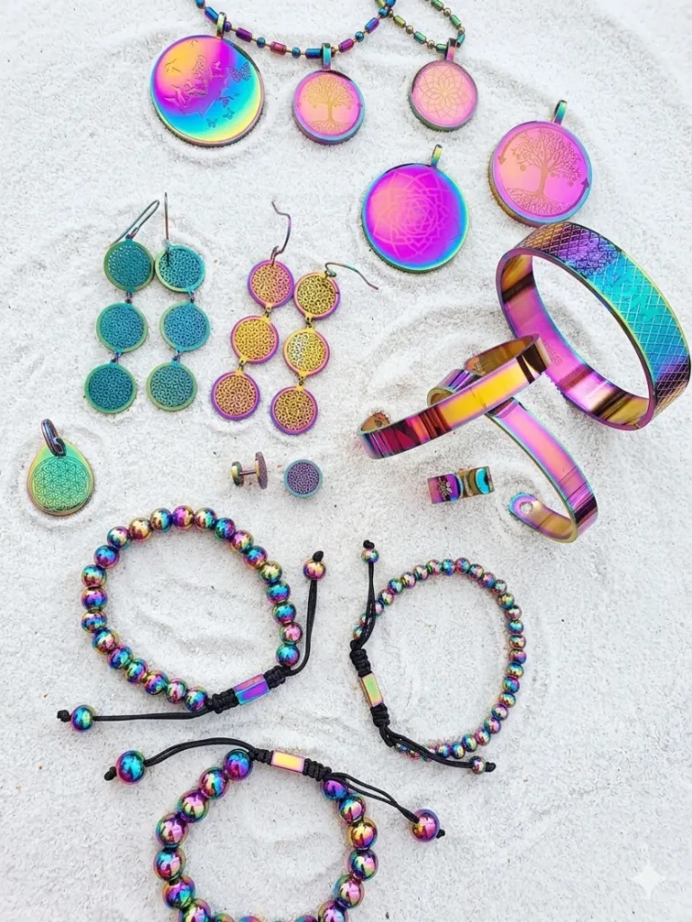 Pack Rainbow, livraison en 15 jours (Metagen Vibranium, Arc-en-ciel, 4.5cm, Fleur de Vie longue pendante, Arc-en-Ciel, Bracelet Frequencies, Arc-en-Ciel)